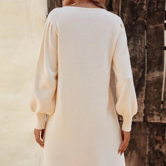 Beige Preppy Womens Guipure Lace Insert Lantern Sleeve Sweater Dress - Picture 3 of 5